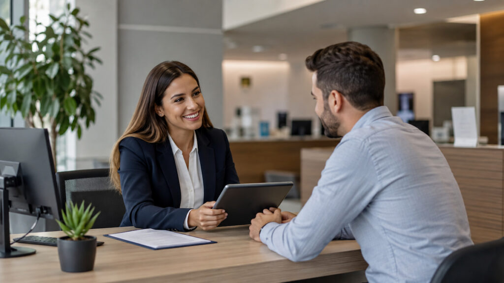 A financial advisor smiles while meeting with a client across a desk in a modern, minimalist bank branch. A tablet rests between them as they discuss financial planning in a bright, welcoming environment with soft lighting, neutral colors, and subtle greenery, emphasizing trust, collaboration, and personalized banking services.