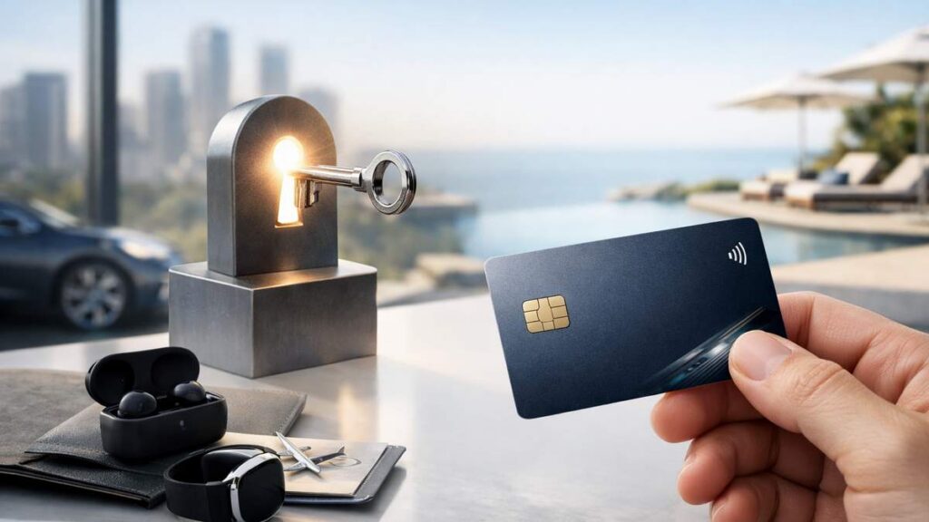 Hand holding a black credit card near a glowing keyhole sculpture on a table with earbuds and a watch.