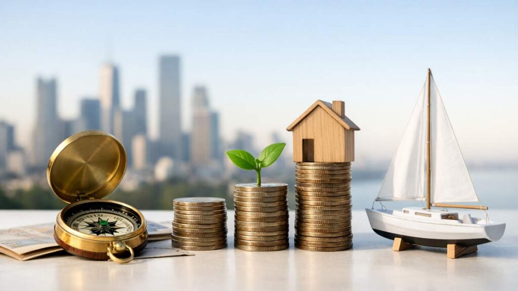 Brass compass, stacked coins with plant and wooden house, and white model sailboat on table with city background.