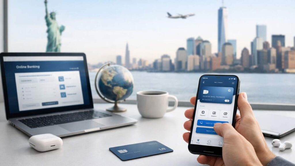 Hand holding smartphone showing banking app, laptop, globe, coffee cup on desk, Statue of Liberty and city skyline outside window.
