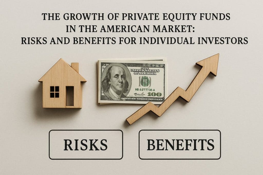 A wooden house icon placed next to a $100 U.S. bill with a wooden arrow pointing upwards, symbolizing growth and progress. The text "The Growth of Private Equity Funds in the American Market: Risks and Benefits for Individual Investors" is displayed at the top, while the words "RISKS" and "BENEFITS" are placed at the bottom, with wooden blocks separating them, indicating a balance of risks and rewards in private equity investments.