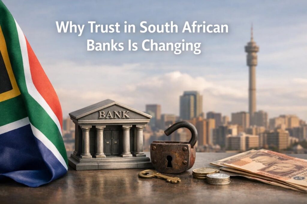 Banks and financial trust concept image showing a classical bank building model placed on a table alongside an open padlock, keys, coins, and South African banknotes. The South African flag is visible on the left, while a city skyline with a communications tower appears in the background. The scene illustrates changing trust in banks, financial security concerns, and the evolving relationship between consumers and banks in South Africa.
