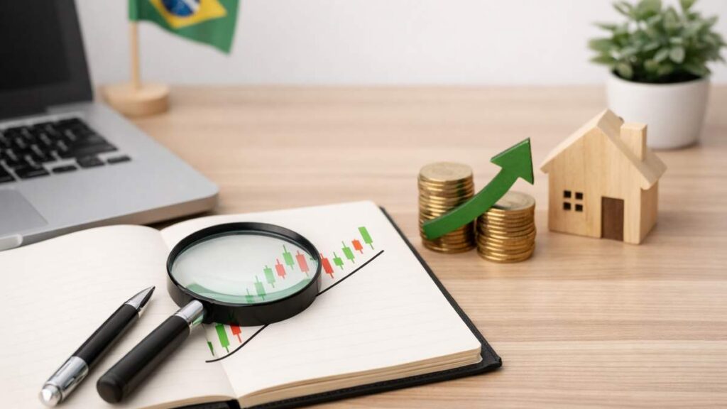 Tela de computador mostrando gráficos financeiros e indicadores, com mãos segurando uma caneta apontando dados.