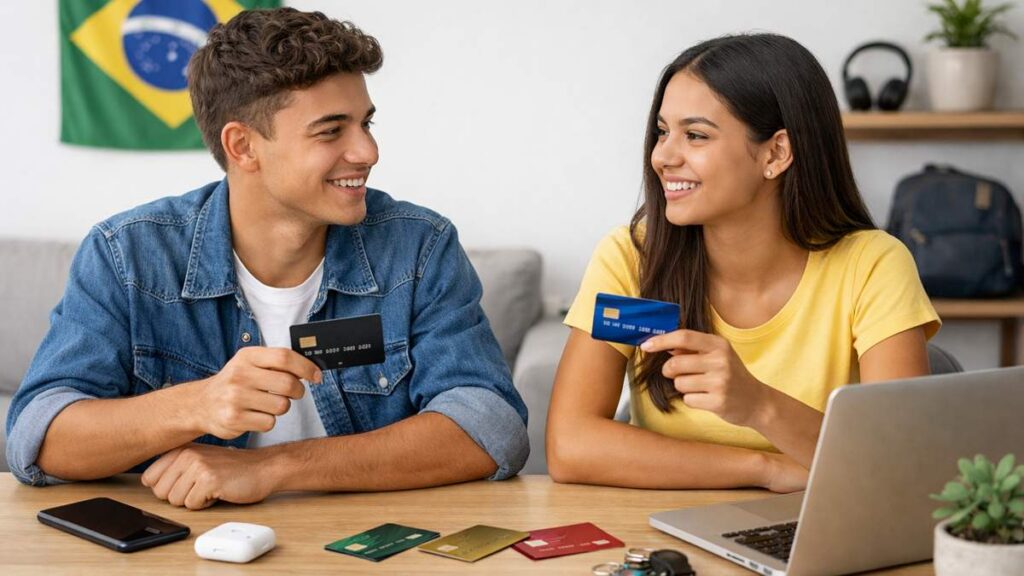 Dois jovens sorrindo enquanto seguram cartões de crédito em uma mesa com notebook, celular, fones sem fio, chaves, moedas e outros cartões, com uma bandeira do Brasil ao fundo, representando opções de cartões para jovens e início da vida financeira.