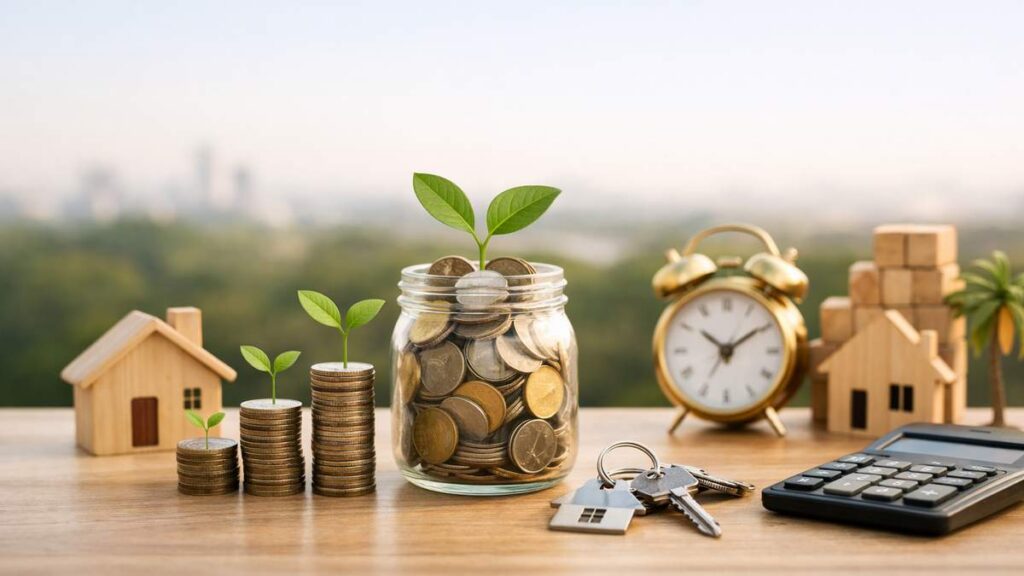 Mãos segurando miniatura de casa sobre moedas empilhadas em fundo claro representando investimento seguro