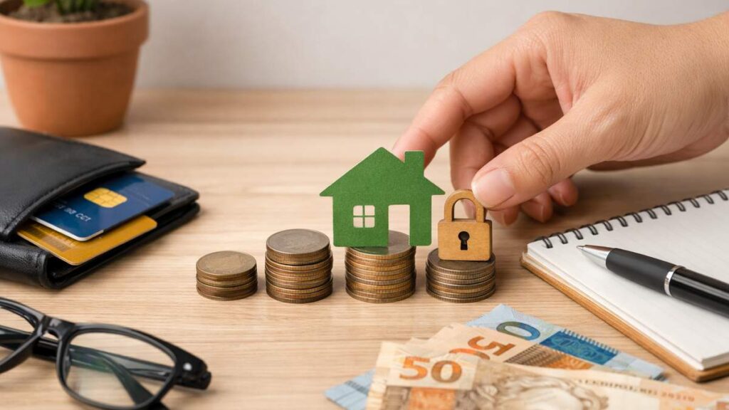 Mão posicionando um cadeado de madeira ao lado de uma casa verde sobre pilhas de moedas, com carteira, cartão de crédito, cédulas de real, óculos, caderno e caneta sobre a mesa, representando estratégias de controle de gastos, segurança financeira e planejamento do orçamento.
