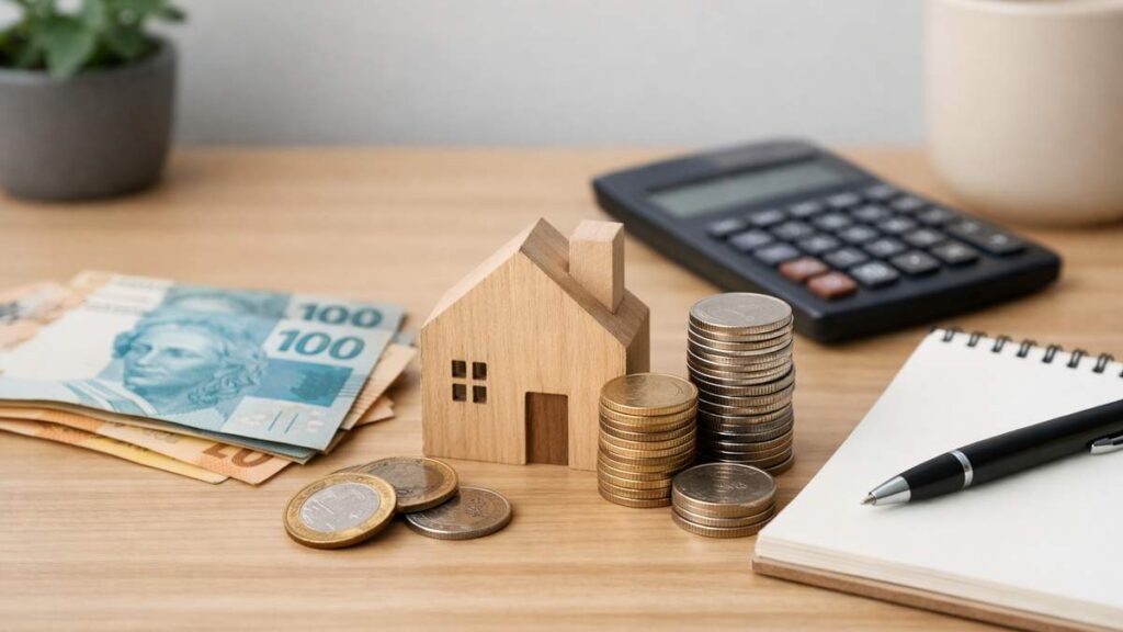 Pessoa analisando gráficos financeiros em laptop com cédulas e calculadora sobre mesa de madeira
