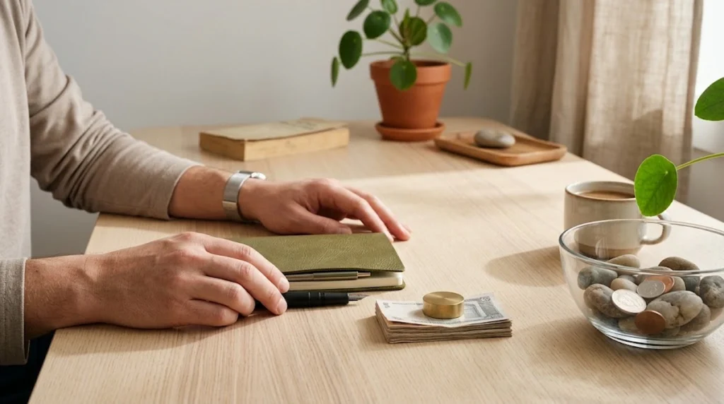 Uma fotografia em plano médio e close-up de um homem sentado a uma mesa de madeira clara, com luz solar natural vinda da direita. Ele veste uma blusa bege de manga comprida e usa um relógio de pulso prateado no braço esquerdo. Suas mãos estão sobre a mesa: a mão esquerda segura um caderno de capa verde musgo e uma caneta preta; a mão direita está descansada ao lado. No primeiro plano, à direita, há uma pilha de notas de euro (uma nota de 5 euros visível no topo), segurada por um peso de papel dourado redondo. Ao lado da pilha de dinheiro, há uma tigela de vidro cheia de pedras de rio lisas e várias moedas de euro (incluindo uma moeda de 2 euros). Ao fundo, também sobre a mesa, há um livro de capa dura amarelado e envelhecido, uma pequena bandeja de madeira com duas pedras, e uma xícara de cerâmica com café com leite. Duas plantas em vasos de terracota (uma maior e uma menor, identificáveis como Pilea peperomioides) e uma cortina de linho bege natural ao fundo completam a cena.