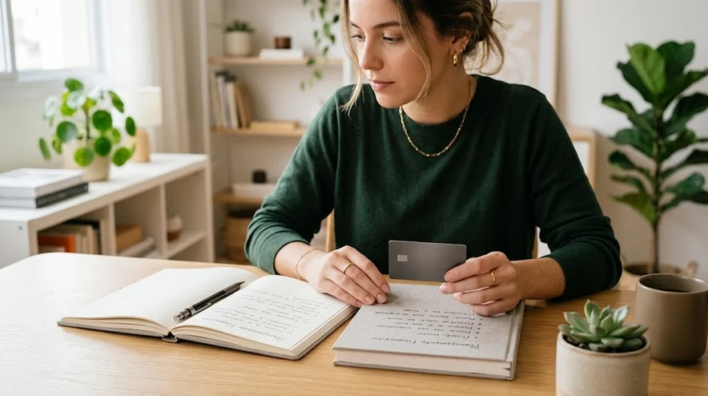 A woman with light brown hair styled in a messy bun wears a dark green sweater and gold jewelry while seated at a wooden desk. She holds a blank gray credit card
