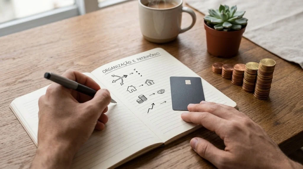 Pessoa desenhando diagramas financeiros em um caderno ao lado de um cartão de crédito, pilhas de moedas e café.