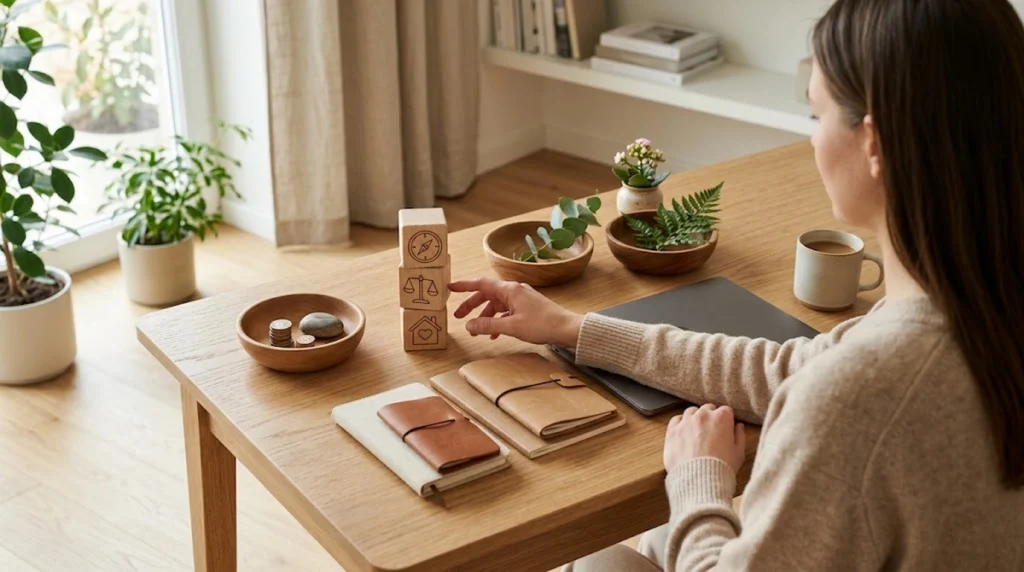 An over-the-shoulder shot of a woman in a beige sweater sitting at a wooden table, reaching her hand out toward a vertical stack of three wooden blocks engraved wit
