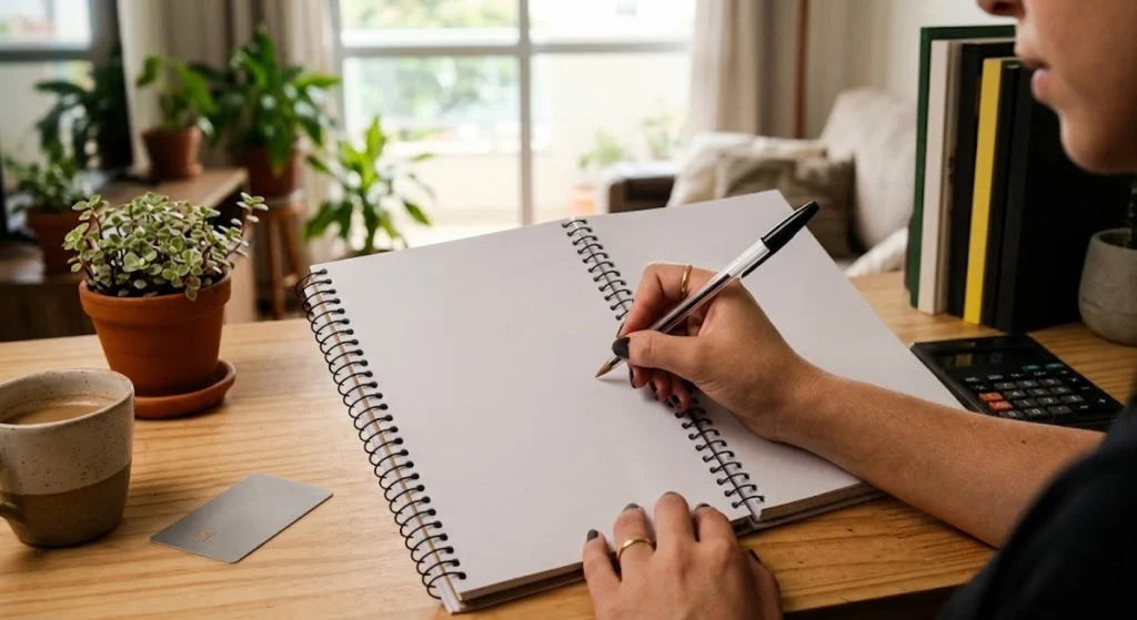 Person writing in a spiral notebook at a desk with a card, mug, calculator, and plants.
