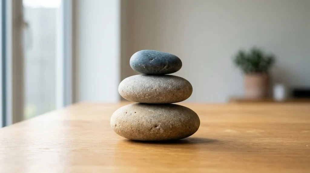 Three smooth river stones stacked vertically in a zen balance tower on a wooden table.