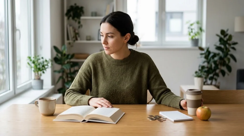 Woman in a green sweater reading a book at a table with coffee, coins, and an apple.