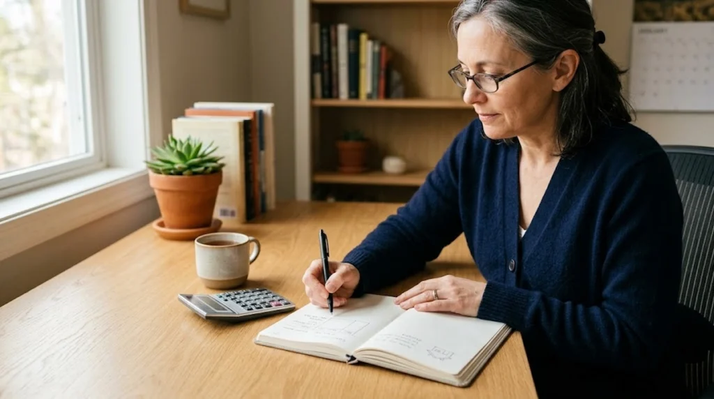 Woman with glasses writing in a notebook at a desk with a calculator, coffee mug, and plant.