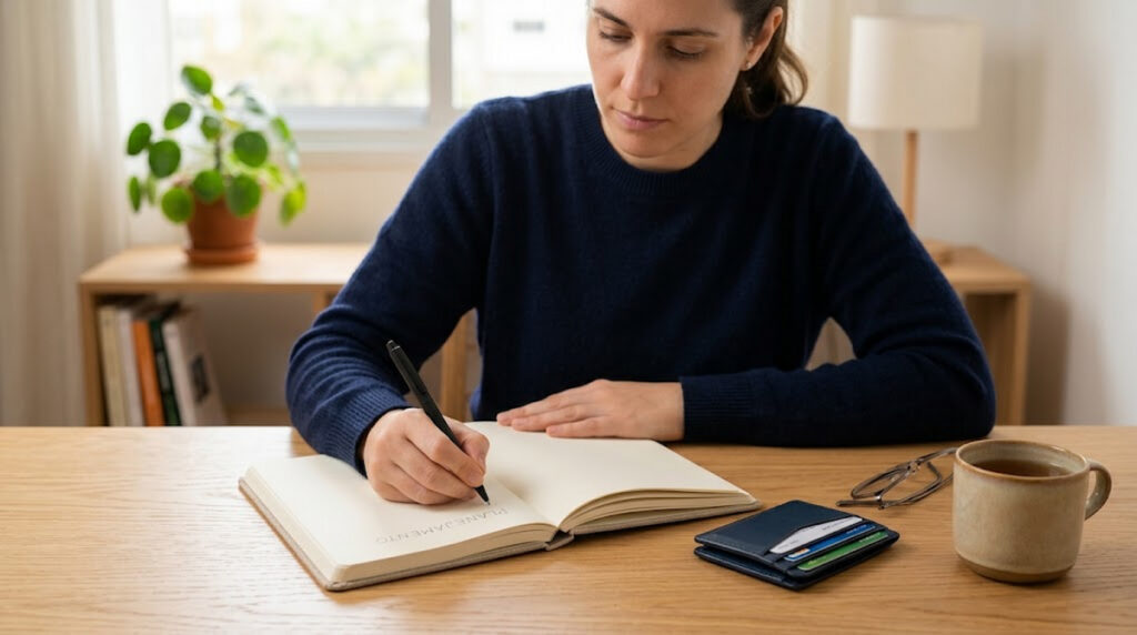 Woman writing in a notebook at a desk with a cardholder, glasses, and a coffee mug.