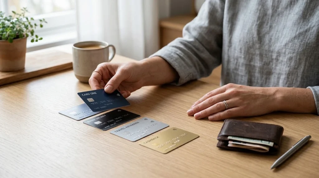 Una persona seduta a un tavolo di legno sta confrontando diverse carte di credito. Nella mano destra tiene una carta blu scuro. Sul tavolo sono allineate altre quattro carte: una grigio chiaro, una nera, una argento e una color oro. Sulla destra c'è un portafoglio di pelle marrone con banconote che sporgono, una penna argentata, una tazza di caffè e una pianta in vaso. L'illuminazione è naturale e l'ambiente è pulito e moderno.