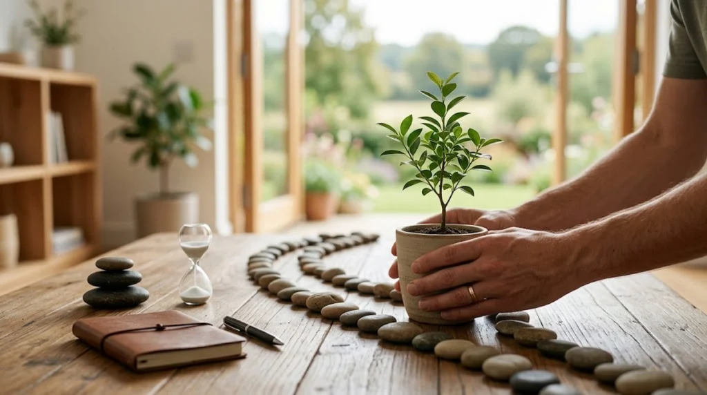 Fotografia realista e minimalista sobre uma mesa de madeira rustica sob luz natural. Mãos masculinas seguram delicadamente um vaso cerâmico bege com uma pequena planta verde brotando. Sobre a mesa, pedras lisas formam um caminho curvo que se estende até o vaso. Ao lado, veem-se uma ampulheta de vidro, um pequeno monte de pedras equilibradas em estilo zen, um caderno fechado com capa de couro e uma caneta. Ao fundo, portas de vidro abertas revelam um jardim verde suavemente desfocado.