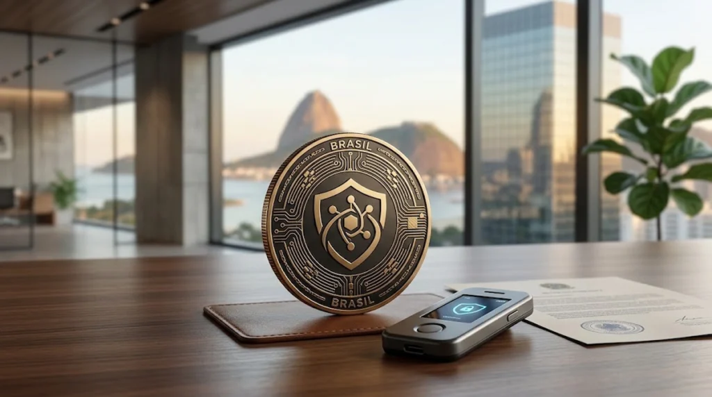 Fotografia realista e minimalista sobre uma mesa de madeira em um escritório moderno, iluminado por luz natural. Em primeiro plano, destaca-se uma moeda metálica estilizada representando ativos digitais, com circuitos gravados e um escudo de proteção no centro. Ao lado da moeda, há um dispositivo de segurança digital (hardware wallet) com um ícone de cadeado na tela e um documento impresso com selo oficial, simbolizando regulamentação. Ao fundo, através de uma grande janela de vidro levemente desfocada, avista-se a paisagem das montanhas do Rio de Janeiro sob um céu claro. A imagem transmite a ideia de segurança, proteção e conformidade regulatória para investimentos virtuais no Brasil.