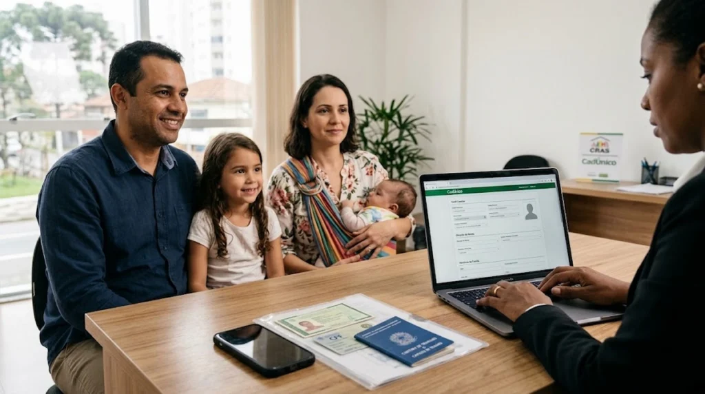 Fotografia realista e minimalista sobre uma mesa de madeira bem iluminada por luz natural. Em primeiro plano, mãos seguram um smartphone ao lado de um computador portátil aberto, que exibe um formulário de cadastro digital organizado. Ao lado do computador, estão dispostos documentos pessoais de identificação e uma caneta, representando a atualização de dados e o acompanhamento cadastral de forma clara e acessível. A composição possui tom acolhedor, traços limpos e iluminação suave, sem textos ou gráficos flutuantes.