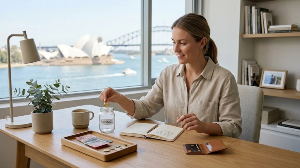 Woman putting a coin into a savings jar at a desk overlooking the Sydney Opera House and Harbour Bridge.