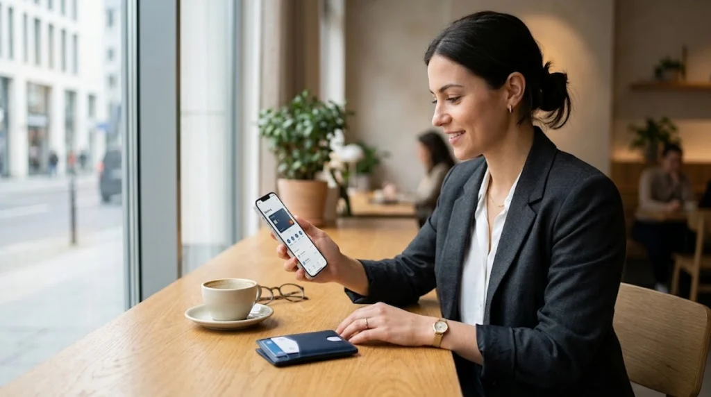 Uma mulher jovem e profissional, sorrindo e segurando um smartphone que exibe um aplicativo bancário minimalista, está sentada em um café bem iluminado. Na mesa de madeira à sua frente estão uma carteira aberta com cartões, uma xícara de café e óculos de leitura. A cena evoca a integração de serviços financeiros digitais na rotina diária.