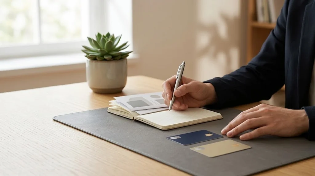 Fotografia focada no primeiro plano em um ângulo lateral de um homem sentado escrevendo em uma mesa de madeira. Ele veste um blazer preto sobre uma camisa branca e segura uma caneta prateada em sua mão direita, sobre um caderno aberto. Sobre o descanso de mão da mesa, há dois cartões de crédito, um azul e outro dourado. Há uma planta suculenta no canto da mesa. Há uma janela e uma estante no fundo, mas eles estão desfocados. A iluminação é suave.